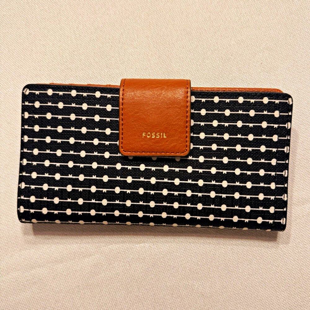 Fossil Logan Clutch Snap Tab Wallet Black Faux Leather Folding
